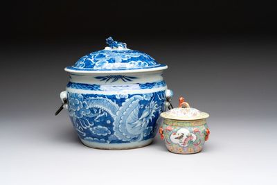 A Chinese blue and white and a famille rose 'kamcheng' bowl and cover for the Straits or Peranakan market, 19th C.
