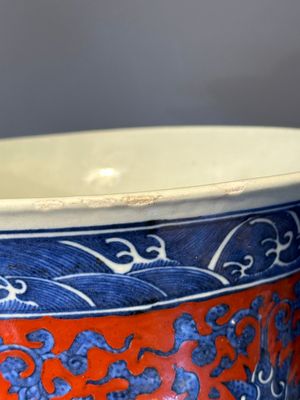A Chinese blue and white, and iron-red 'bajixiang' 'hu' vase on wooden stand, Qianlong mark, 19th C. — 照片 21