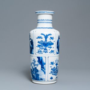 A Chinese blue and white 'antiquities and landscapes' rouleau vase, Kangxi — photo 3