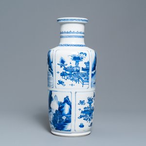 A Chinese blue and white 'antiquities and landscapes' rouleau vase, Kangxi — photo 7