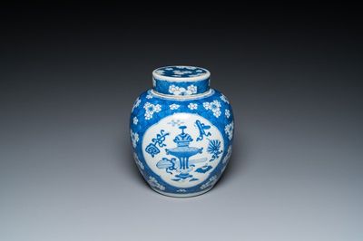 A Chinese blue and white ‘antiquities’ jar and cover, Kangxi