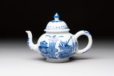 A Chinese blue and white 'antiquities' teapot and cover, Jiajing mark, Kangxi