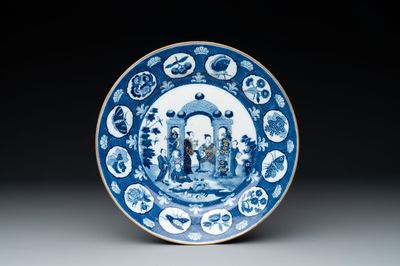 A Chinese blue and white 'arbour' dish after Cornelis Pronk, Qianlong