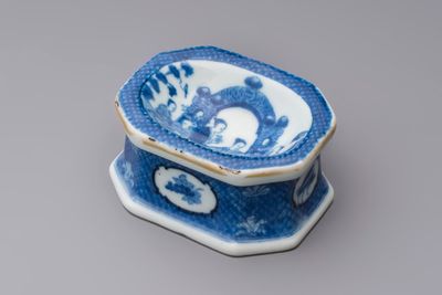 A Chinese blue and white 'Arbour' salt after Cornelis Pronk, Qianlong