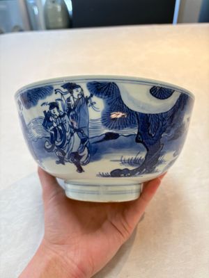 A Chinese blue and white 'Ba Xian Zhu Shou 八仙祝壽'  bowl, Shen De Tang Bo Gu Zhi 慎德堂博古製 mark, Kangxi — 照片 4