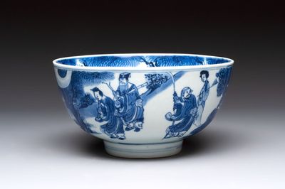 A Chinese blue and white 'Ba Xian Zhu Shou 八仙祝壽' bowl, Shen De Tang Bo Gu Zhi 慎德堂博古製 mark, Kangxi