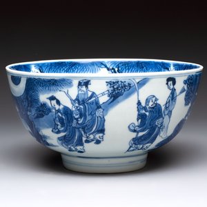 A Chinese blue and white 'Ba Xian Zhu Shou 八仙祝壽'  bowl, Shen De Tang Bo Gu Zhi 慎德堂博古製 mark, Kangxi — 照片 1