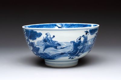 A Chinese blue and white 'Ba Xian Zhu Shou 八仙祝壽' bowl, Shen De Tang Bo Gu Zhi 慎德堂博古製 mark, Kangxi