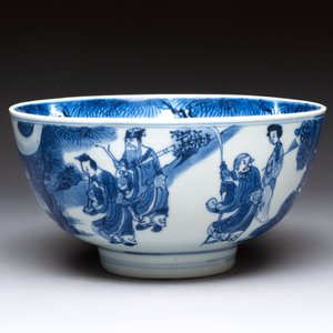 A Chinese blue and white 'Ba Xian Zhu Shou 八仙祝壽'  bowl, Shen De Tang Bo Gu Zhi 慎德堂博古製 mark, Kangxi — photo 3