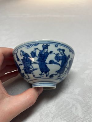 A Chinese blue and white 'Ba Xian Zhu Shou 八仙祝壽' bowl, Wanli mark and of the period — foto 3