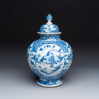 A Chinese blue and white baluster vase and cover with narrative design, Transitional period