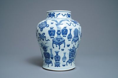 A Chinese blue and white baluster vase with antiquities, Kangxi