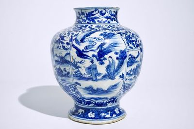 A Chinese blue and white baluster vase with figurative medallions, Ming, Wanli