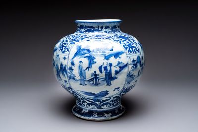 A Chinese blue and white baluster vase with figures and landscapes, Transitional period