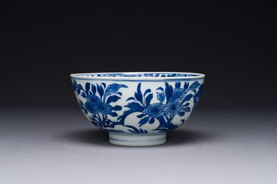 A Chinese blue and white 'birds among flowering branches' bowl, Shen De Tang Bo Gu Zhi 慎德堂博古製 mark, Kangxi