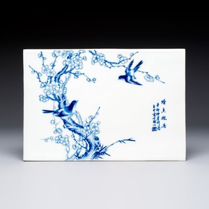 A Chinese blue and white 'Birds Among Flowering Branches' plaque after Wang Bu 王步 — photo 1