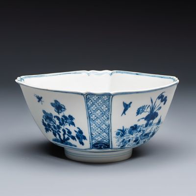A Chinese blue and white 'Birds and Flowers' square bowl, Chenghua mark, Kangxi