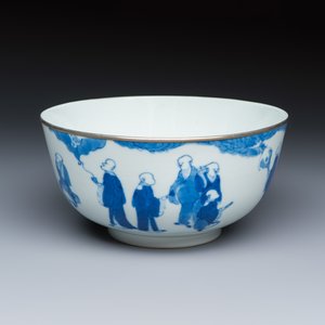 A Chinese blue and white 'Bleu de Hue' bowl with eighteen luohan — photo 1