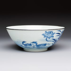 A Chinese blue and white 'Bleu de Hue' bowl with mandarin ducks in a lotus pond and a poem — foto 1
