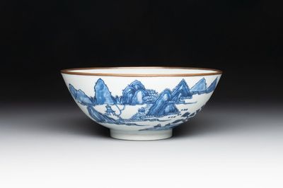A Chinese blue and white 'Bleu de Hue' bowl with the Hai Van mountains for the Vietnamese market, Thanh Ngoan mark for Nguyen Phuc Chu, Kangxi