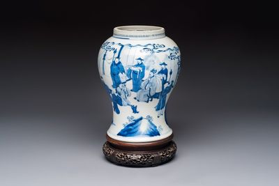 A Chinese blue and white 'Boot-swapping ceremony of Cui Rong' vase, Kangxi