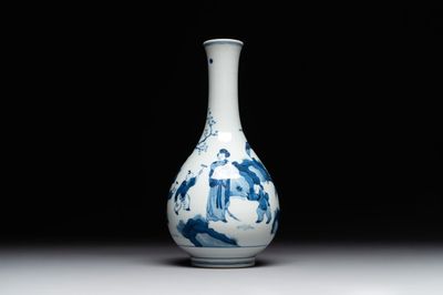 A Chinese blue and white bottle vase with court ladies and playing boys, Chenghua mark, Kangxi