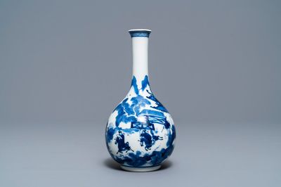 A Chinese blue and white bottle vase with figures in a landscape, Kangxi