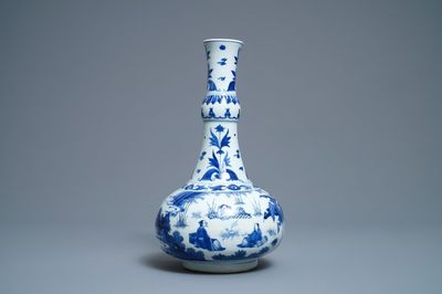 A Chinese blue and white bottle vase with figures in a landscape, Transitional period