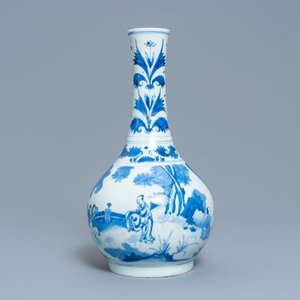A Chinese blue and white bottle vase with figures in a landscape, Transitional period — photo 1