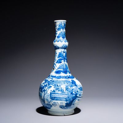 A Chinese blue and white bottle vase with narrative design, Transitional period