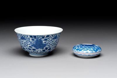 A Chinese blue and white bowl and a covered ink paste box, Guangxu and Jiangxi Ciye Gongsi mark, 19/20th C.