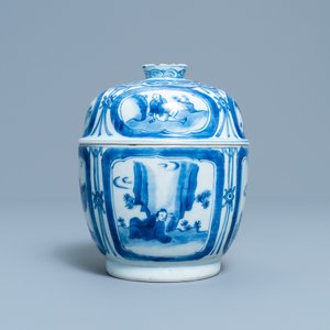A Chinese blue and white bowl and cover with figurative medallions, Wanli — 照片 3
