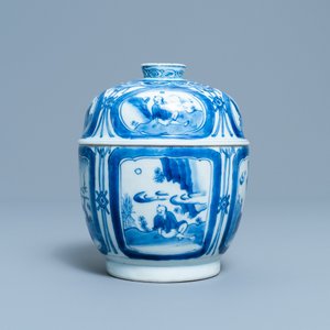 A Chinese blue and white bowl and cover with figurative medallions, Wanli — 照片 6