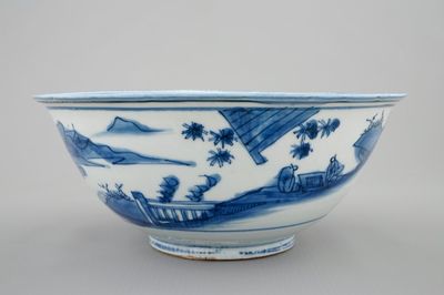 A Chinese blue and white bowl with a continuous landscape design, Ming Dynasty