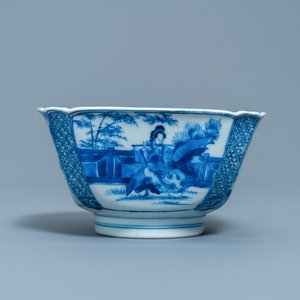 A Chinese blue and white bowl with a lady with cat, Kangxi mark and of the period — 照片 2