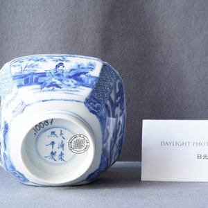 A Chinese blue and white bowl with a lady with cat, Kangxi mark and of the period — 照片 10