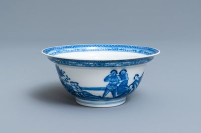 A Chinese blue and white bowl with an unusual scene with slaves, Qianlong