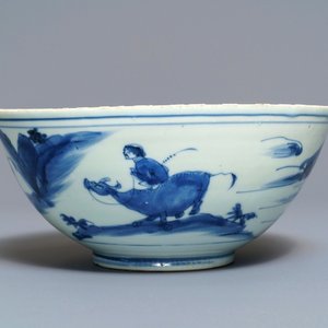 A Chinese blue and white bowl with figures on bulls, Chenghua mark, Transitional period — 照片 1