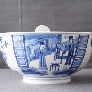 A Chinese blue and white bowl with floral and narrative panels, Kangxi mark and of the period — photo 16