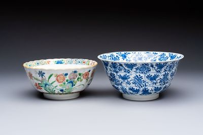 A Chinese blue and white bowl with floral design and a famille verte bowl, Kangxi