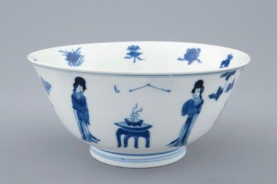 A Chinese blue and white bowl with long Eliza, Kangxi mark and of the period