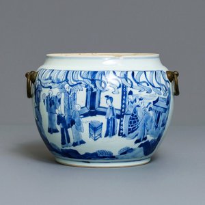 A Chinese blue and white bronze-mounted bowl, Kangxi — photo 1