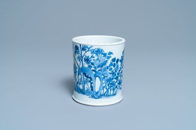 A Chinese blue and white brush pot, Chenghua mark, Kangxi