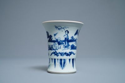 A Chinese blue and white brush pot with figures in a garden, Transitional period