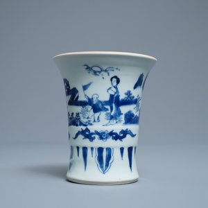 A Chinese blue and white brush pot with figures in a garden, Transitional period — photo 1