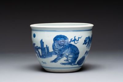 A Chinese blue and white 'Buddhist lion and elephant' scroll jar or jardinière, Transitional period