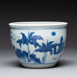 A Chinese blue and white 'Buddhist lion and elephant' scroll jar or jardinière, Transitional period — foto 4