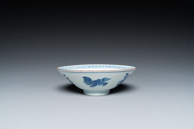 A Chinese blue and white 'Buddhist lions' bowl, Jiajing mark, Shunzhi
