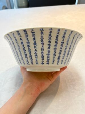 A Chinese blue and white 'calligraphic ' bowl and a plate, Bao Zhu Li Ji 寶珠利記 and Man Tang Fu Ji 滿堂福記 mark, 19th C. — photo 8