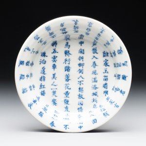 A Chinese blue and white 'calligraphic ' bowl and a plate, Bao Zhu Li Ji 寶珠利記 and Man Tang Fu Ji 滿堂福記 mark, 19th C. — photo 8